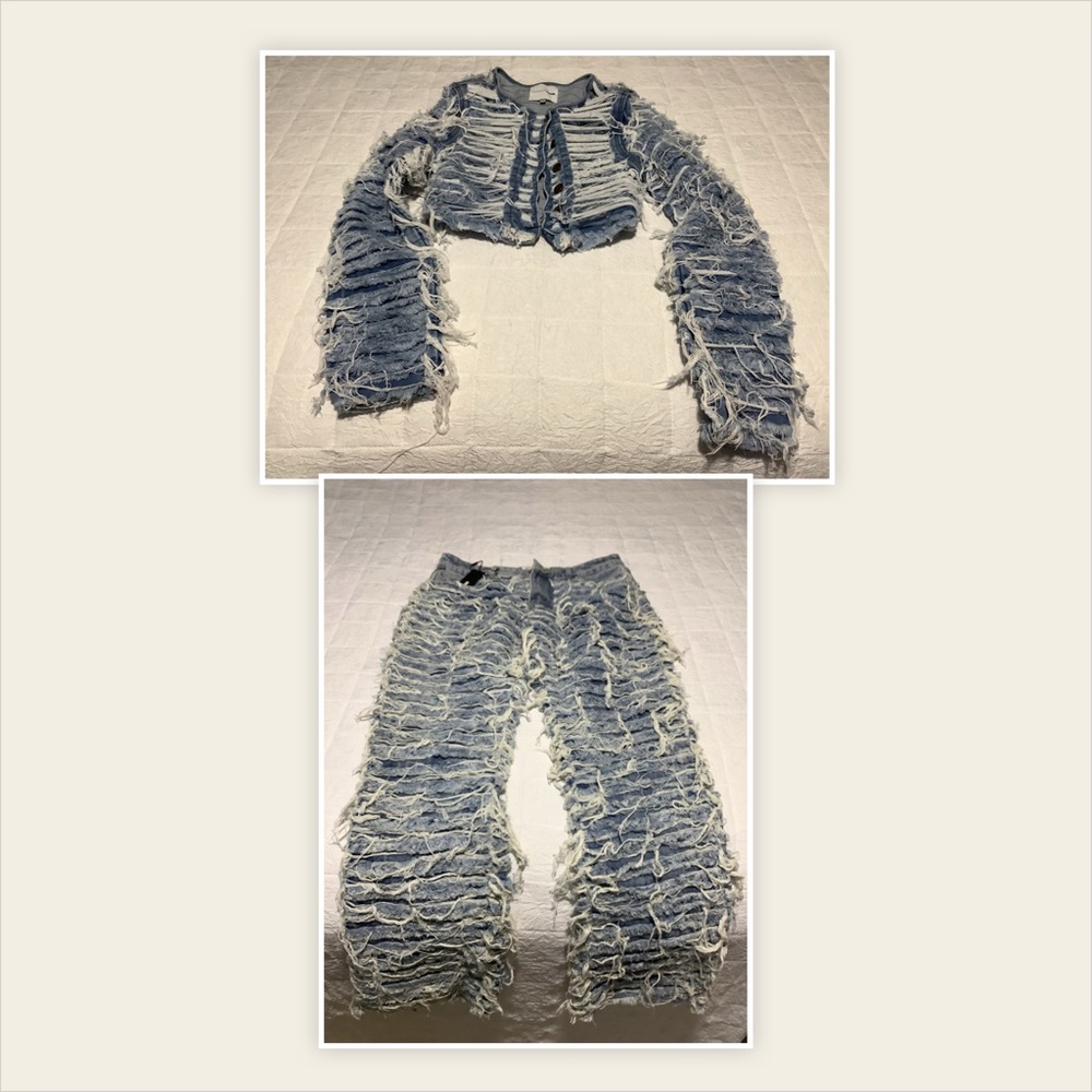 Shredded Denim Crop Jacket & Jeans New